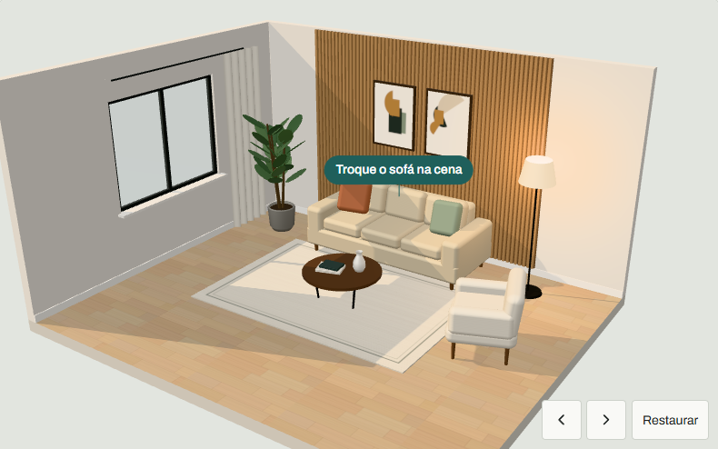 Prévia da sala da demonstração conceitual do Zuvemo, com alternativas de sofá.